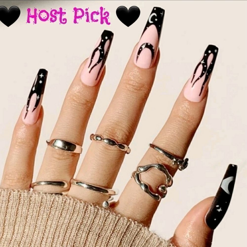 Pink, Black White, Flames, Moon & Stars Ballerina Nails